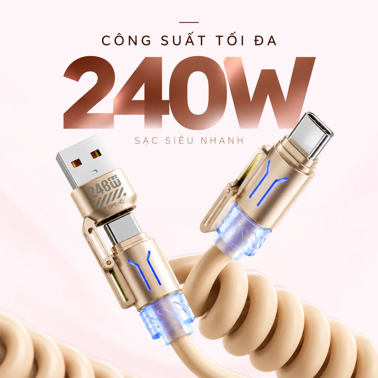 Cáp sạc nhanh lò xo 4 trong 1 tiện lợi DC22 tải công suất tối đa 240W, chiều dài tối đa 2M
