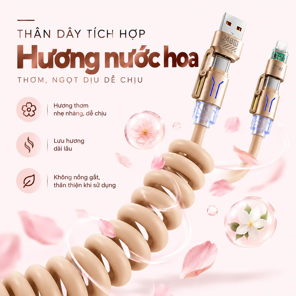 Cáp sạc nhanh lò xo 4 trong 1 tiện lợi DC22 tải công suất tối đa 240W, chiều dài tối đa 2M