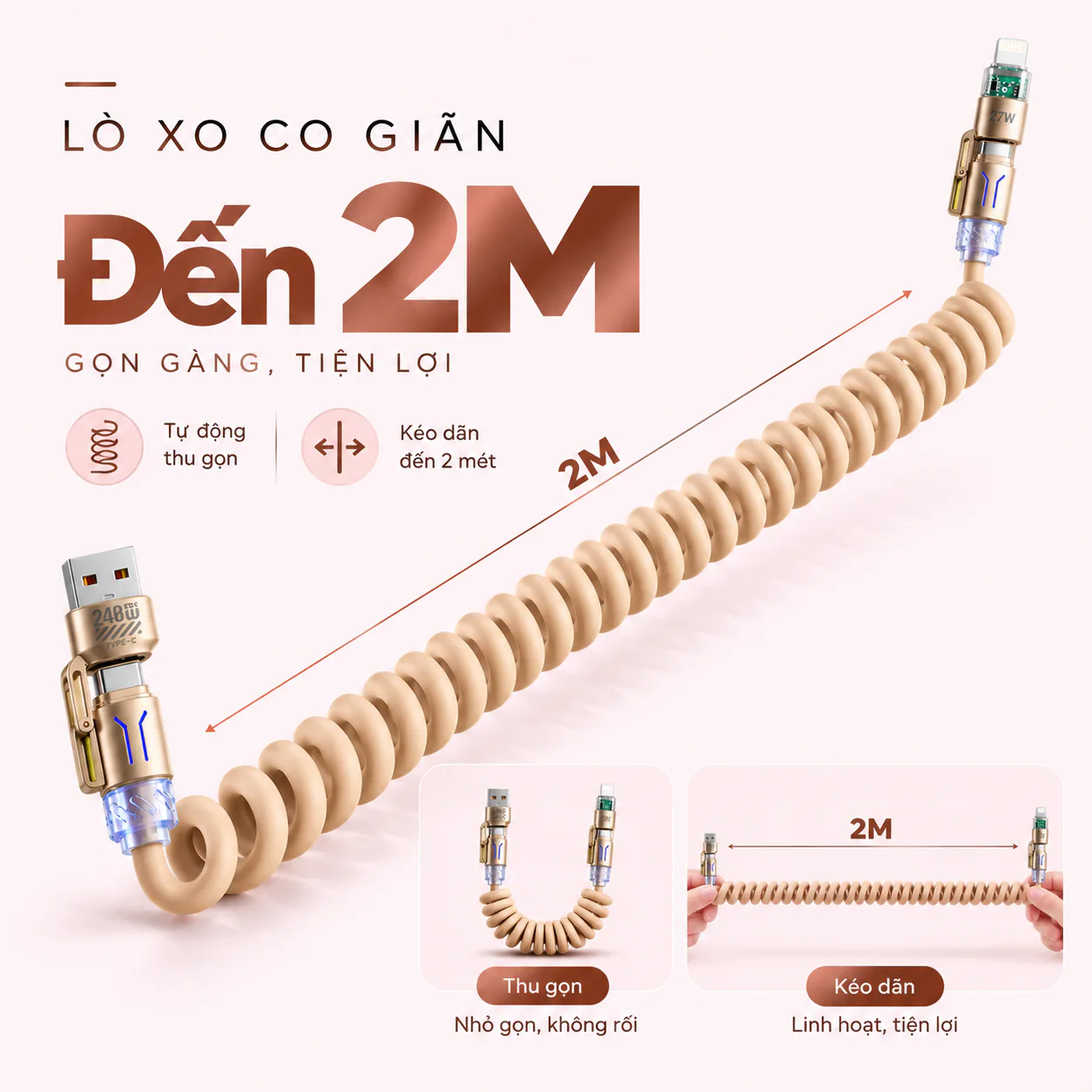 Cáp sạc nhanh lò xo 4 trong 1 tiện lợi DC22 tải công suất tối đa 240W, chiều dài tối đa 2M